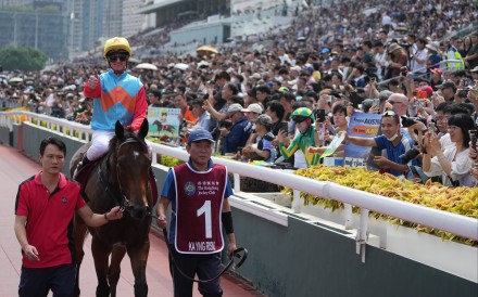 Jockey Zac Purton celebrates after the victory of Ka Ying Rising in the Group One Chairman’s Sprint Prize at Sha Tin. Photo: Sam Tsang