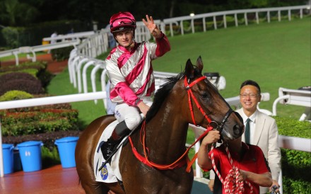 Ethan Brown celebrates his treble after guiding Endued to victory. Photos: Kenneth Chan
