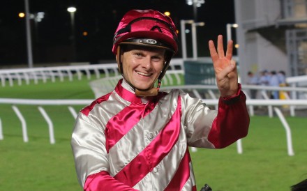 Ethan Brown celebrates his Sha Tin treble. Photos: Kenneth Chan