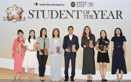 (From left) Past award winners Irene Chan of the Jockey Club, pianist Colleen Lee, Tammy Poon, Jolie Chow, Dr Chan Mui-tong, Vanesse Lai, soloist Elise Liu and SCMP’s Ang Jin at the ceremony. Photo: Karma Lo