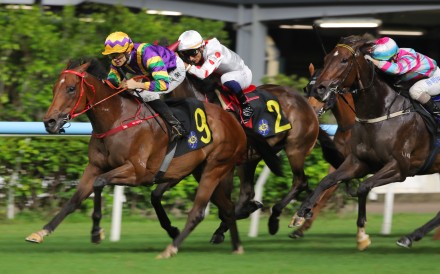 Jerry Chau, here riding The Perfect Match (#9), enjoyed a stand-out season in Hong Kong last campaign, racking up 48 winners. Photo: Kenneth Chan.
