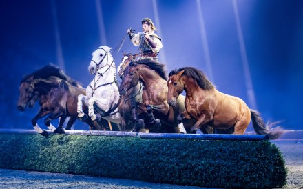 A rider performs the Hungarian Post stunt during a Cavalluna – Gate to the Otherworld show. Photo: courtesy Cavalluna