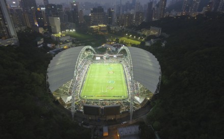 An aerial shot by a drone overlooking Hong Kong Stadium on the second day of the Cathay Pacific/HSBC Hong Kong Sevens on April 9, 2016. Photo: Bruce Yan