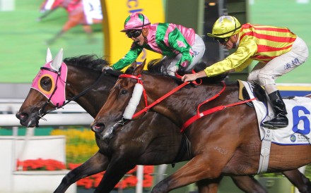 Nichola Yuen (pink) celebrates as she wins on Aeroinvincible at Sha Tin. Photos: Kenneth Chan