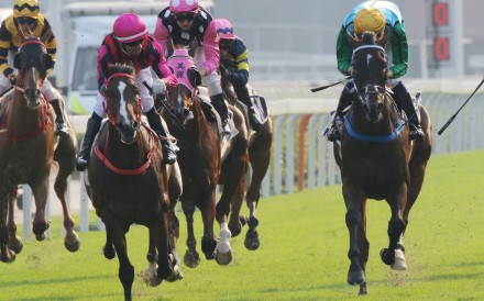 Rise High (yellow cap) upsets Beauty Generation (cap with pink and white spots) in the 2019 Oriental Watch Sha Tin Trophy. Photos: Kenneth Chan