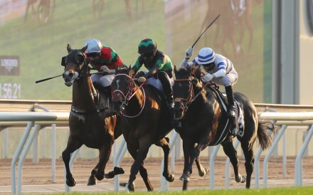 Russian Emperor (left), Loves Only You and Hishi Iguazu (right) run to the line in the Hong Kong Cup. Photo: Kenneth Chan