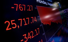 A board above the floor of the New York Stock Exchange shows the falling Dow Jones Industrial Average on Monday. Photo: AP