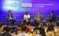 South China Morning Post Technology editor Chua Kong Ho Post (left) moderates a panel with Norma Chu of DayDayCook (second from left), Yat Siu of Animoca Brands and Outblaze, and legislator Charles Mok at the latest edition of the Post’s Redefining Hong Kong series held on Thursday at the JW Marriott Hotel in Admiralty. Photo: K Y Cheng