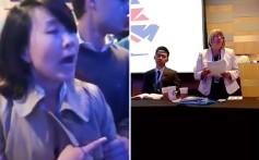 A combination image showing CCTV journalist Kong Linlin (left), who shouted from her seat and slapped an activist at an event organised by Hong Kong Watch and British's Conservative Party Human Rights Commission. Photos: Twitter
