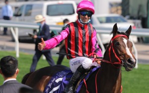 Joao Moreira celerates Waikuku’s victory in the recent Queen’s Silver Jubilee Cup. Photo: Kenneth Chan.