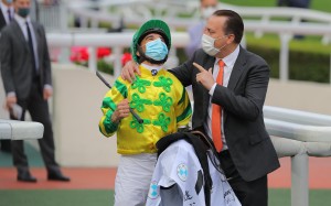 Jockey Joao Moreira and trainer Caspar Fownes celebrate their Derby victory. Photos: Kenneth Chan