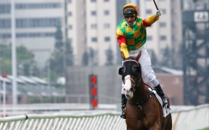 Neil Callan celebrates a Group Two win aboard Mighty Giant. Photos: Kenneth Chan.
