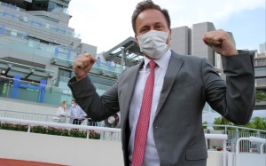 Caspar Fownes celebrates after Sky Field’s win in the Group Three Premier Cup. Photo:SCMP / Kenneth Chan.