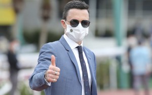 Douglas Whyte celebrates Stronger’s win in the Group One Centenary Sprint Cup. Photos: HKJC