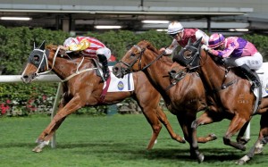 Circuit Seven holds off Forte (centre) and Pretty Queen Prawn to win the Class Four Hatton Handicap for trainer Tony Cruz. Photo: HKJC
