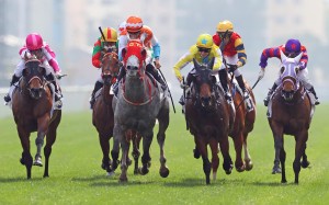 Kowloon East Star (yellow and blue sleeves) trails home winner Glenealy Generals on Saturday. Photo: HKJC