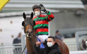 Blake Shinn and Douglas Whyte celebrate Gold Cup victory with Russian Emperor. Photo: HKJC