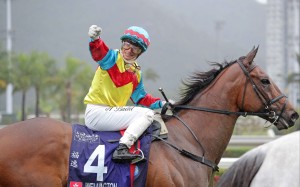 Alexis Badel celebrates his Group One win aboard Wellington in the Queen’s Silver Jubilee Cup at Sha Tin. Photo: HKJC