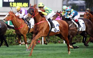 Blaze Warrior salutes under Joao Moreira at Sha Tin on Sunday. Photo: HKJC