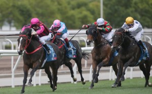 Waikuku beats Golden Sixty in the Stewards’ Cup at Sha Tin. Photo: HKJC