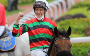 Jockey Blake Shinn celebrates Russian Emperor’s victory in the Champions & Chater Cup at Sha Tin on Sunday. Photos: Kenneth Chan