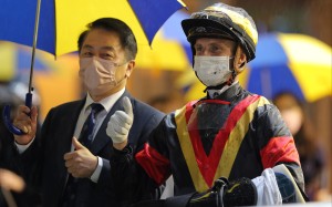 Trainer Ricky Yiu and jockey Lyle Hewitson celebrate a Nimble Nimbus win. Photo: Kenneth Chan