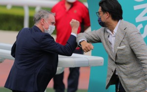Trainer Paul O’Sullivan (left) celebrates Reve Parisien’s win with connections. Photo: Kenneth Chan 