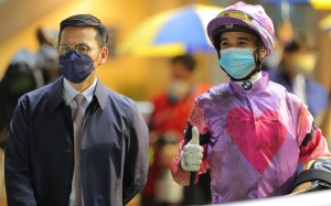 Jockey Joao Moreira with trainer Frankie Lor. Photo: Kenneth Chan