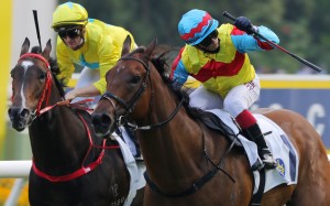 Alexis Badel punches the air with delight after riding Wellington to victory in the Group Two Premier Bowl (1,200m) at Sha Tin. Photos: Kenneth Chan