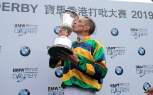 Hugh Bowman celebrates his win in the 2019 Hong Kong Derby. Photos: Kenneth Chan