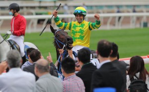 Joao Moreira celebrates his 2021 Hong Kong Derby win aboard Sky Darci. Photos: Kenneth Chan
