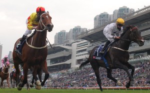 California Spangle (left) beats Golden Sixty by a neck to win the Group One Longines Hong Kong Mile at Sha Tin on Sunday. Photos: Kenneth Chan
