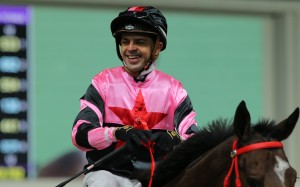 Ruan Maia celebrates snapping his 70-ride losing run with a victory aboard Top Top Tea at Happy Valley on Wednesday night. Photo: Kenneth Chan