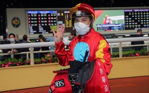 Silvestre de Sousa celebrates his four-timer at Happy Valley on Wednesday. Photo: Kenneth Chan
