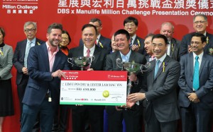 Nearly Fine’s connections celebrate victory in the Million Challenge at Happy Valley on Wednesday night. Photo: Kenneth Chan