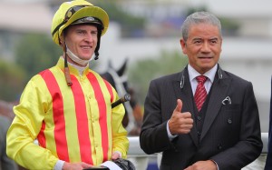 Tony Cruz celebrates his 1,000th Sha Tin win with Circuit Stellar’s jockey, Zac Purton, following Sunday’s Class Two Belcher Bay Handicap (1,400m). Photos: Kenneth Chan