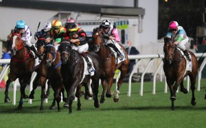 The field thunders down the Happy Valley straight. Photos: Kenneth Chan