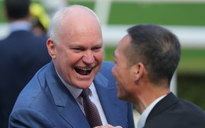 An ecstatic David Hall celebrates his four-timer on Sunday. Photo: Kenneth Chan