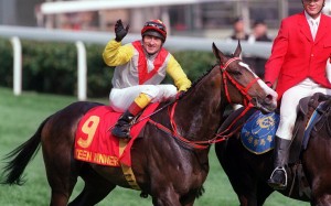 Robbie Fradd receives the acclaim of the Sha Tin crowd aboard 2000 Hong Kong Derby champion Keen Winner. Photo: Robert Ng