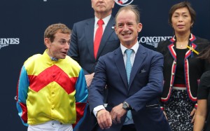 Jockey Ryan Moore and trainer Richard Gibson celebrate Wellington’s victory in the 2022 Hong Kong Sprint. Photo: Kenneth Chan