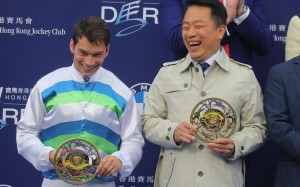 Jockey Alexis Badel and trainer Ricky Yiu lap up Voyage Bubble’s victory in the Hong Kong Derby. Photos: Kenneth Chan
