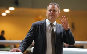 Caspar Fownes celebrates his four wins at Happy Valley on Thursday night. Photo: Kenneth Chan