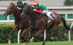 Cordyceps Six (outside) wins the Group Three Sha Tin Vase last season. Photos: Kenneth Chan