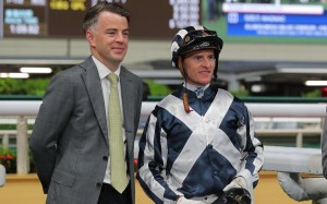 Jamie Richards and Zac Purton celebrate Australian import Magniac’s first Hong Kong win at Happy Valley on April 19. Photo: Kenneth Chan