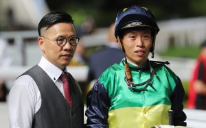 Trainer Frankie Lor and jockey Vincent Ho celebrate Youthful Deal’s hat-trick win at Sha Tin on June 4. Photo: Kenneth Chan