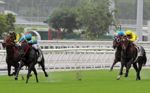 Victor The Winner (left) beats Lucky Sweynesse in the Class One HKSAR Chief Executive’s Cup (1,200m) at Sha Tin on Sunday. Photo: Kenneth Chan