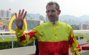 Hugh Bowman celebrates his four-timer after California Spangle’s Group Two Sha Tin Trophy (1,600m) win on Sunday. Photos: Kenneth Chan