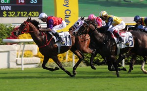 The John Size-trained Ensued salutes under Zac Purton at Sha Tin on Sunday. Photo: Kenneth Chan