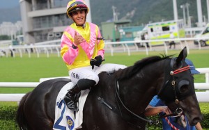 Keagan de Melo enjoys his victory aboard Rising From Ashes at Sha Tin on Sunday. Photos: Kenneth Chan