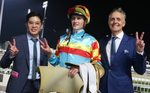 Mark Newnham celebrates his first Sha Tin winners with fellow double scorer Luke Ferraris. Photos: Kenneth Chan
